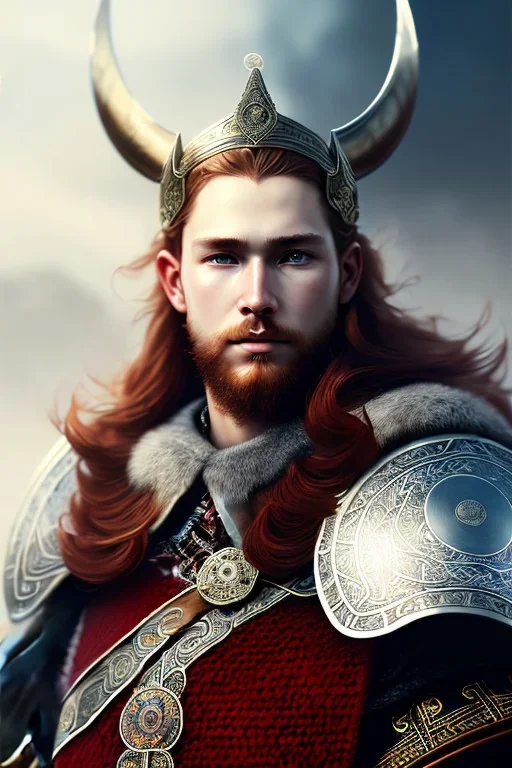 Detailed young viking king, red hair, black leather armor, intricate details, full body portrait, keep head in frame, black Japanese motif, concept art, highly detailed, digital painting, concept art, sharp focus, illustration, art by Yoji Shinkawa, WLOP and greg rutkowski and alphonse mucha and artgerm and yanjun Chen and Junji ito and Makoto Shinkai, HDR, octane render