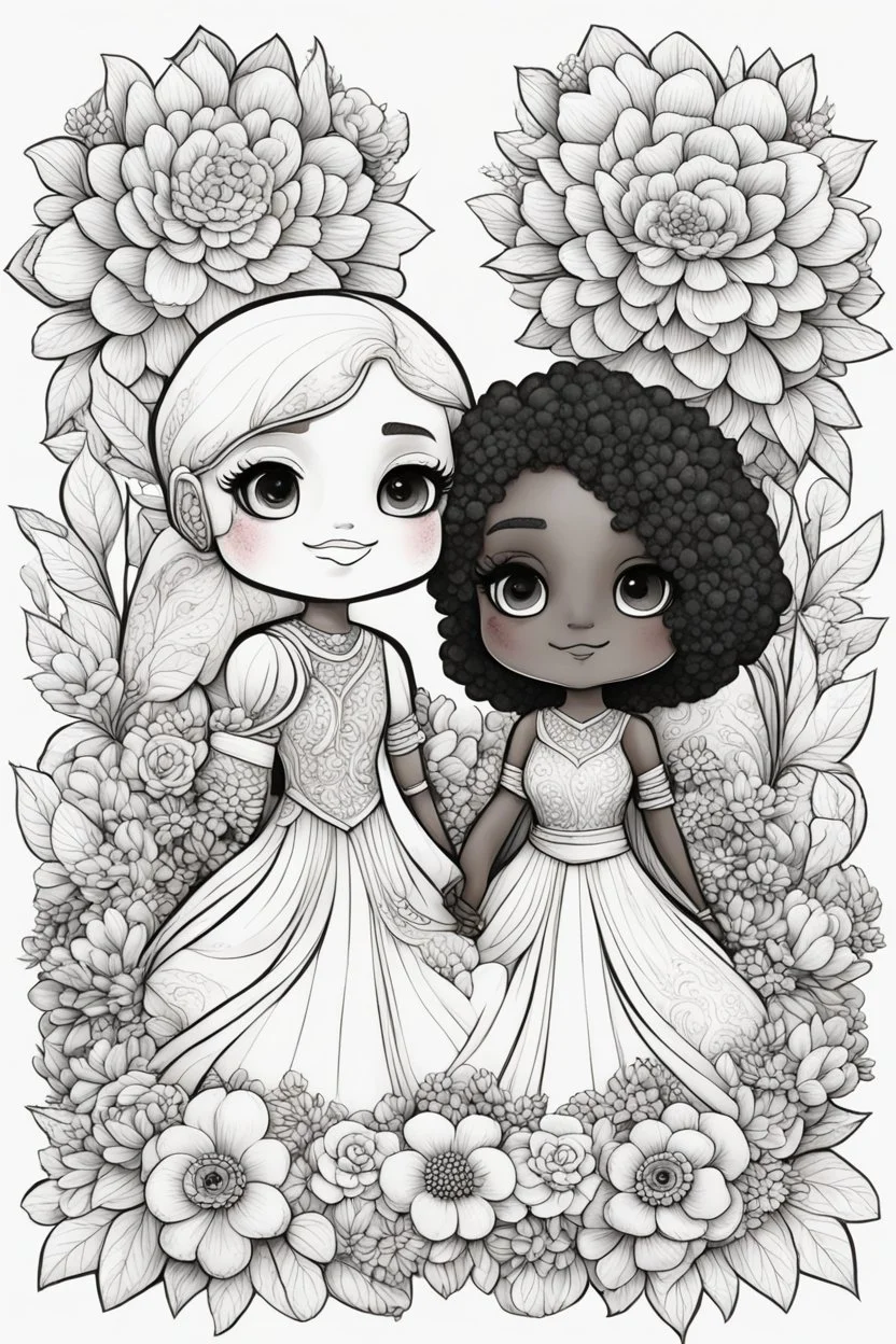create a outlined coloring page of a chibi black characters of a couple surrounded by flowers. Pay attention to the details of the faces and flowers and the emotions conveyed by the couple. White background, sketch style, half of body, use outline, Mandala style, clean line art, no shadows, no coloring, no shading, no grey.