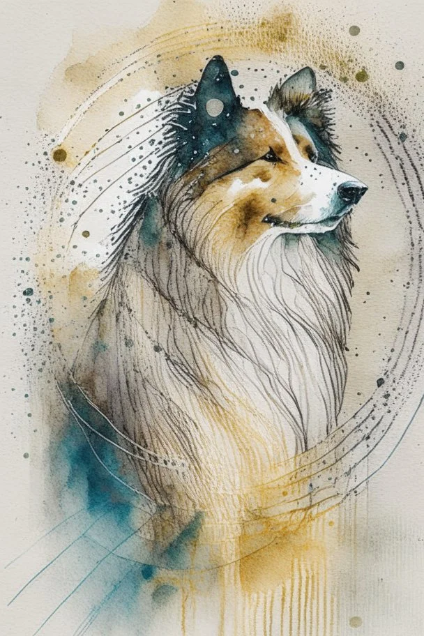 Abstract wet watercolour of a rough collie, ink lines, interlinked circles,