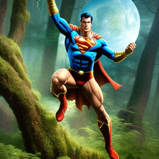 dhalsim as superman flying through forest, 4k, Highly Detailed, perfect eyes, Digital Illustration, Cinematic Lighting, Realistic, Sharp Focus, Centered, Beautifully Lit, Bioluminescent by Stanley Artgerm Lau