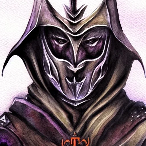 dnd, fantasy, watercolour, portrait, head, face, ilustration, dark cultist, hooded figure, armour, satanic