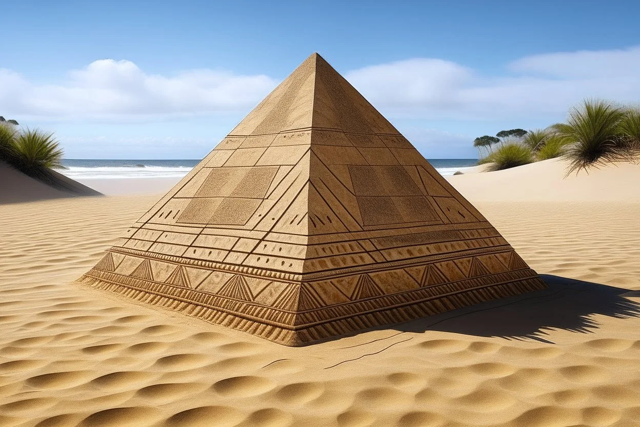 A tan pyramid on sandy ground designed in Australian aboriginal art painted by Albrecht Durer