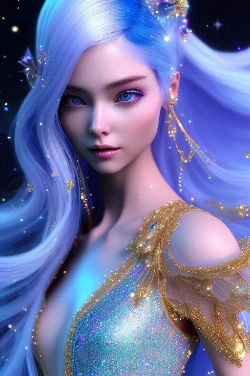 woman glitter blue fairy in a galactic ambiance, long blue hair, detailed gorgeous smile, delicate colors in the foreground, full of details, smooth, light effect，vaporwave colorful, smooth, extremely sharp detail, finely tuned detail, ultra high definition, 8 k, unreal engine 5, ultra sharp