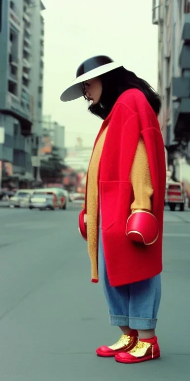 Asian, modern, beautiful woman, street, thick thigh, thick calves. Style futurism, 1996, daft punk, rough street style, Gamjan style.Mantle is sewed of recycled Denim and sewed together red felt pieces.Big headphones, with gold rings, is merged with small felt cap with small visor. A bag is integrated to the mantle. Big camouflage Patterns are composed of orange, cream, blue, lilac and purple. blue latex. asa akira. It is with big bright purple felt tippet and cream-colored-hood. tippet