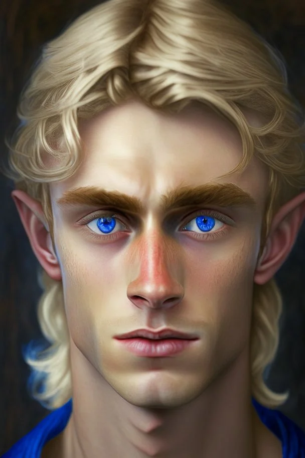 portrait of a young half-elf around 25 years old, light hair, blue eyes, greedy face, stern gaze