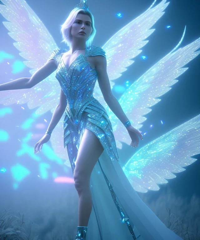 A crystalised queen, atmospheric, realistic, unreal engine, cinematic lighting, octane render. blue, pink, transparency, light, shine,bright, full body, transparent wings, blonde, long hair, smile