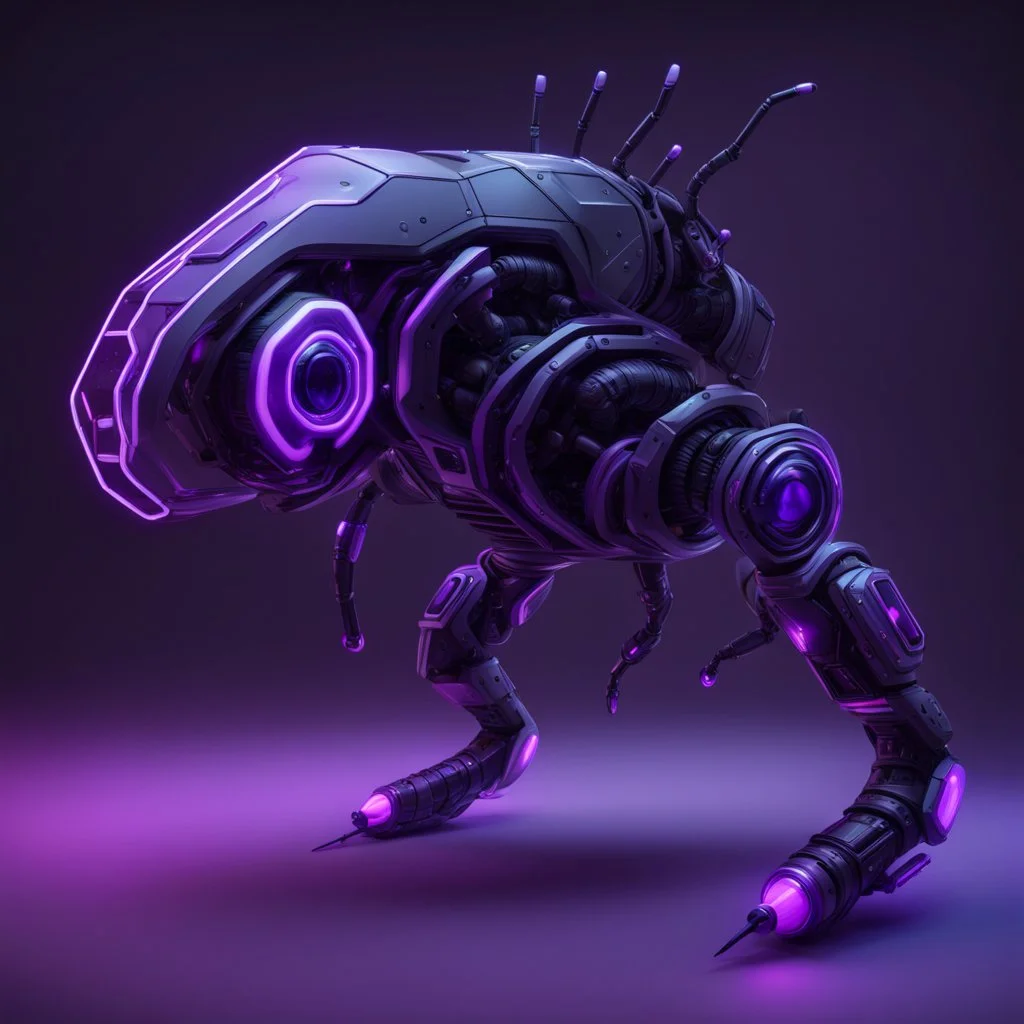 neon black and purple large and long worm-like robot with a 3D hexagon for a head