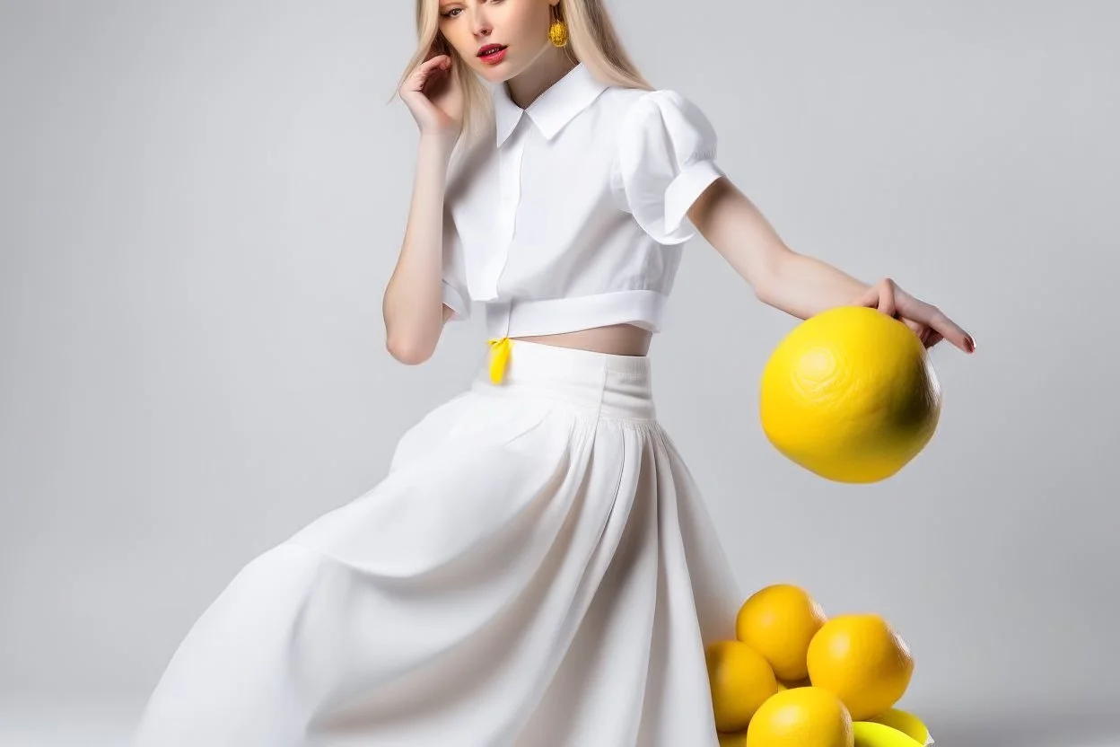 Sobre un fondo blanco de fotografía de estudio, un mujer rubia, vestida con camisa blanca sin abotonar y una amplia falda de color amarillo, juega con unos limones, fotografía de estudio, fotografía de moda. Disparo con cámara Leica