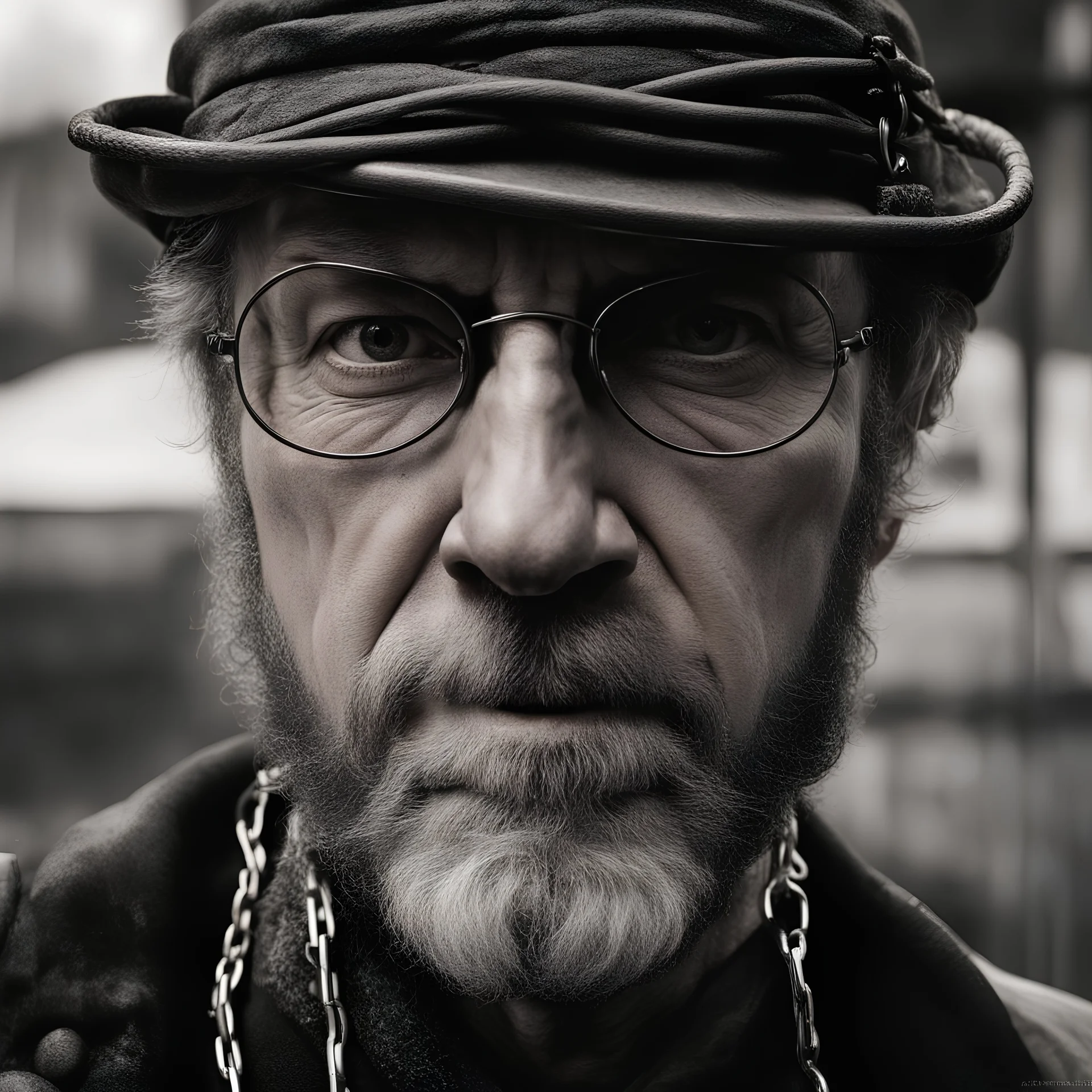 Portrait of a irish white man slave with chains. Photorealism with Leica lens, 85mm. Low contrast