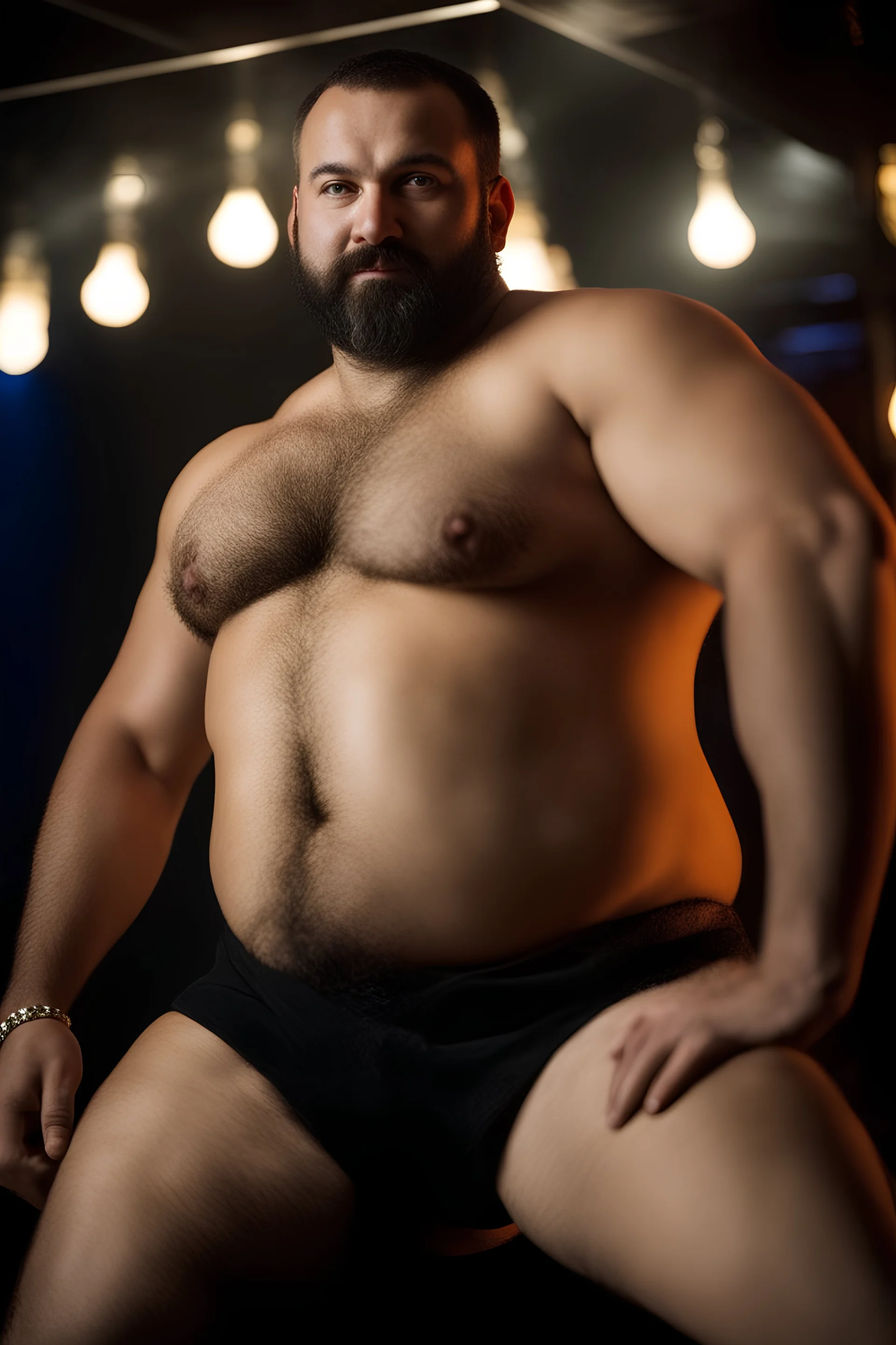 full figure photography of a chubby muscular strong 39-year-old hairy turkish in a discoteque, shirtless, short beard, bulge, dancing, serious, manly chest, very hairy, side light, view from the ground