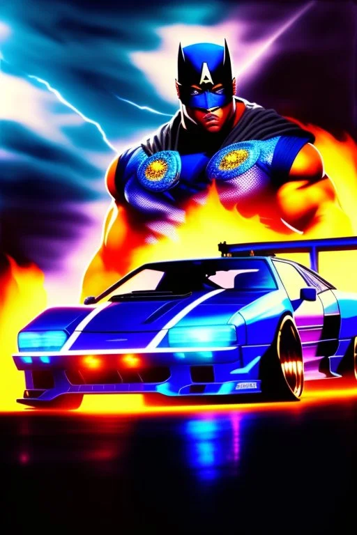 "Design a 90s-style action movie poster titled 'Shockwave Customs' with a blue theme and blue flames. Feature a super heroic mechanic in the foreground, fiercely battling thousands of adversaries with a spanner. In the background, show cars doing burnouts, creating a dynamic and intense scene. Capture the high-energy, gritty aesthetic of classic 90s action films. Prominently display the subtitle 'mmechanic negotiator' in bold, impactful lettering."