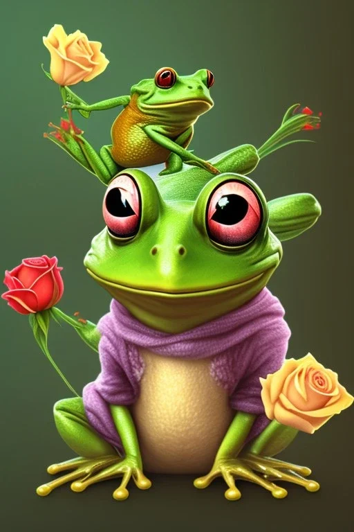 Cute frog is little prince, holding a rose in his paws