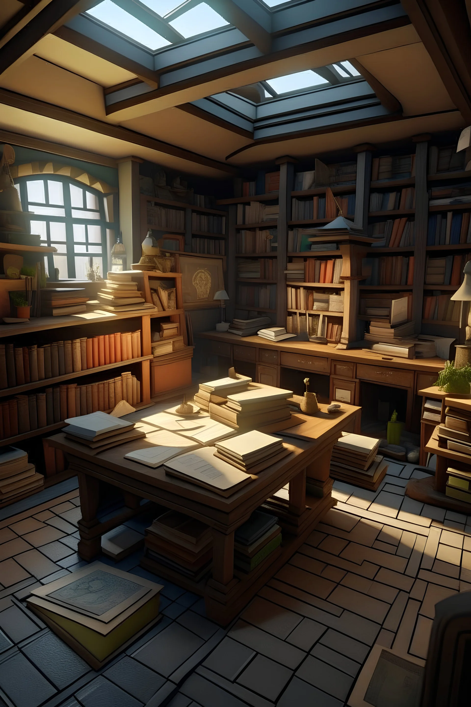 3d stylized master sorcery study room filled with bookshelves and with a desk. the room has various paper on the floor.