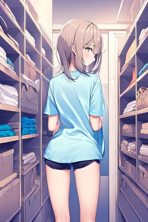 anime girl in a changing room wearing short-shorts and a pyjama shirt, with her back turned.