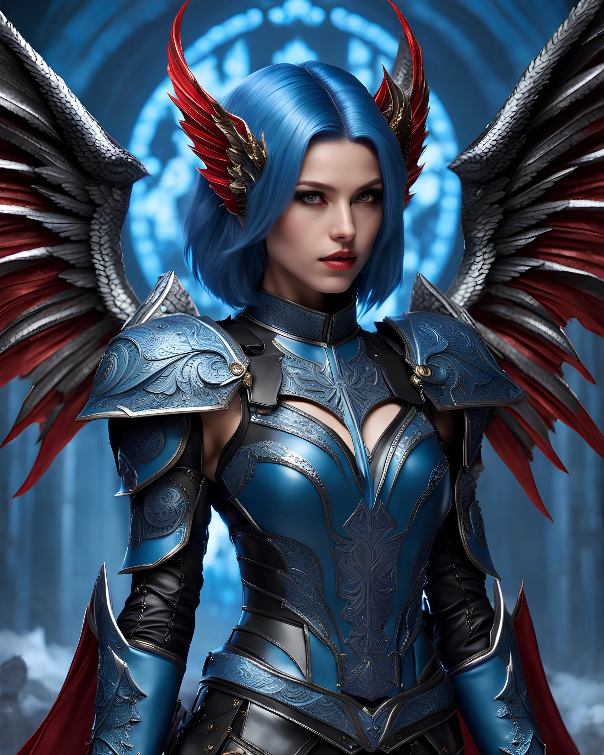beautiful demon girl, 25 year old, blue shoulder length edgy bob hair, front view, intricate light blue leather armor, white decoration on leather armor, delicate filigree, light blue intricate leather pants,armored skirt, fully armored, standing, blue glowing armored shoulder plating, detailed part, red eyes, full moon on background, dark devil wings, black devil wing, midnight, full body shot, looking at viewer, detailed eyes, 2 small horn, digital painting