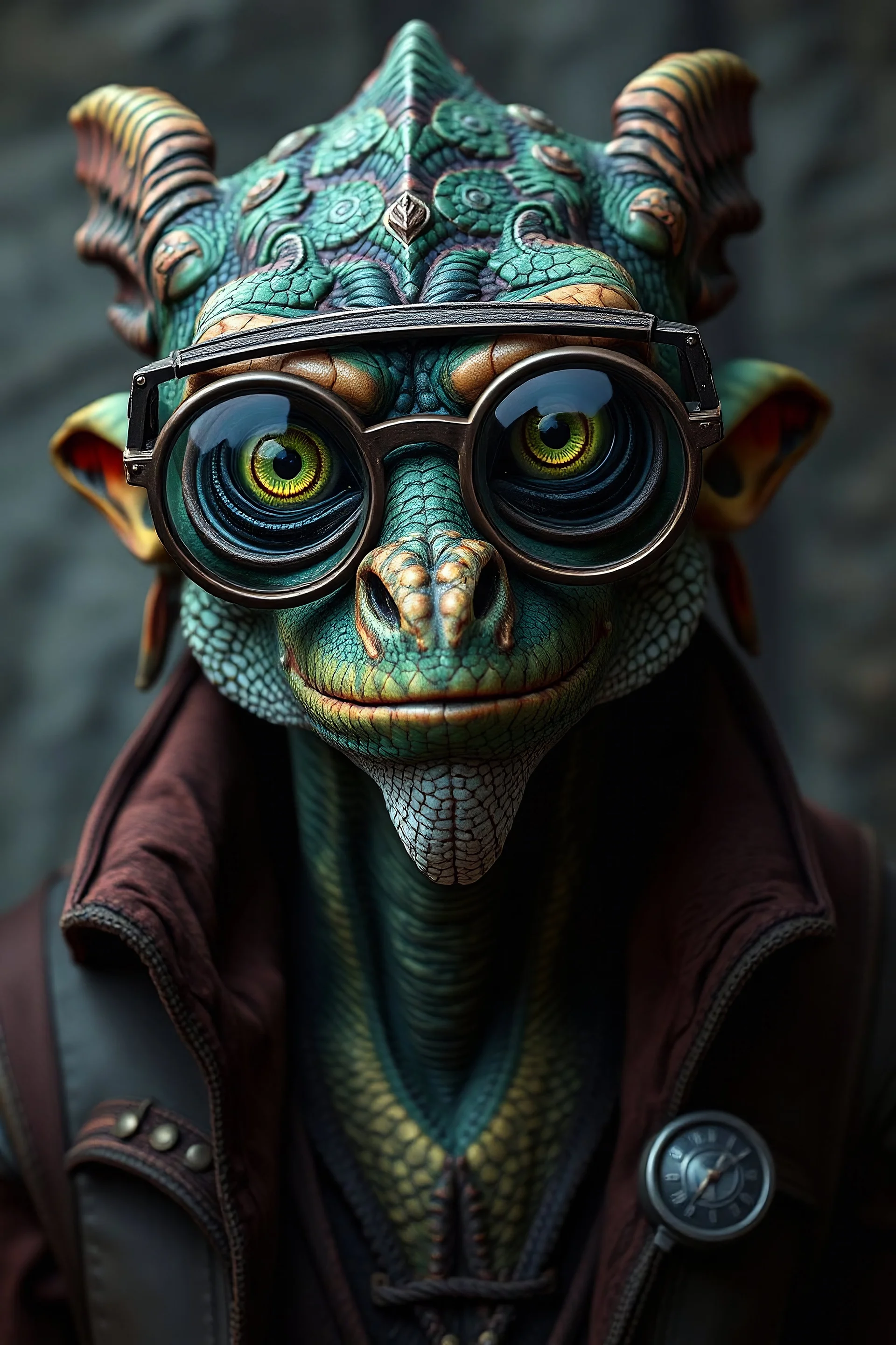 a realistc male argonian, alchemist from Elder scrolls, wearing thick seeing glasses. He is quirky with multi colored lizard skin and bright green eyes. thin build, goofy looking.