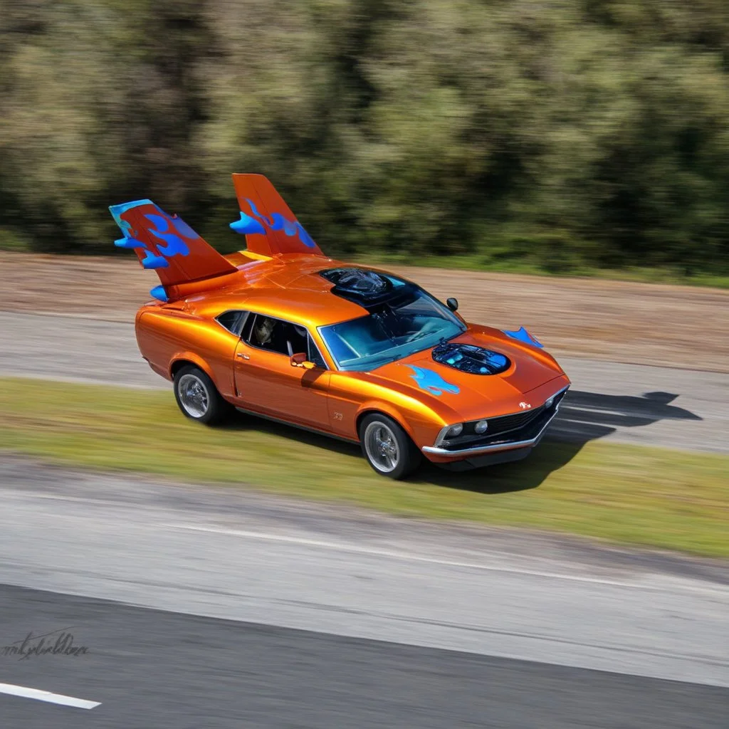 award winning car and driver photograph of a horsefly fighter-jet genetic-splice designed by only one vehicle per image painted metallic orange traveling at a high rate of speed, jet intake off of front center of vehicle and jet exhaust out the rear with bright blue flames painted on the hood and front quarter panels, bilaterally symetrical, more a high speed road vehicle