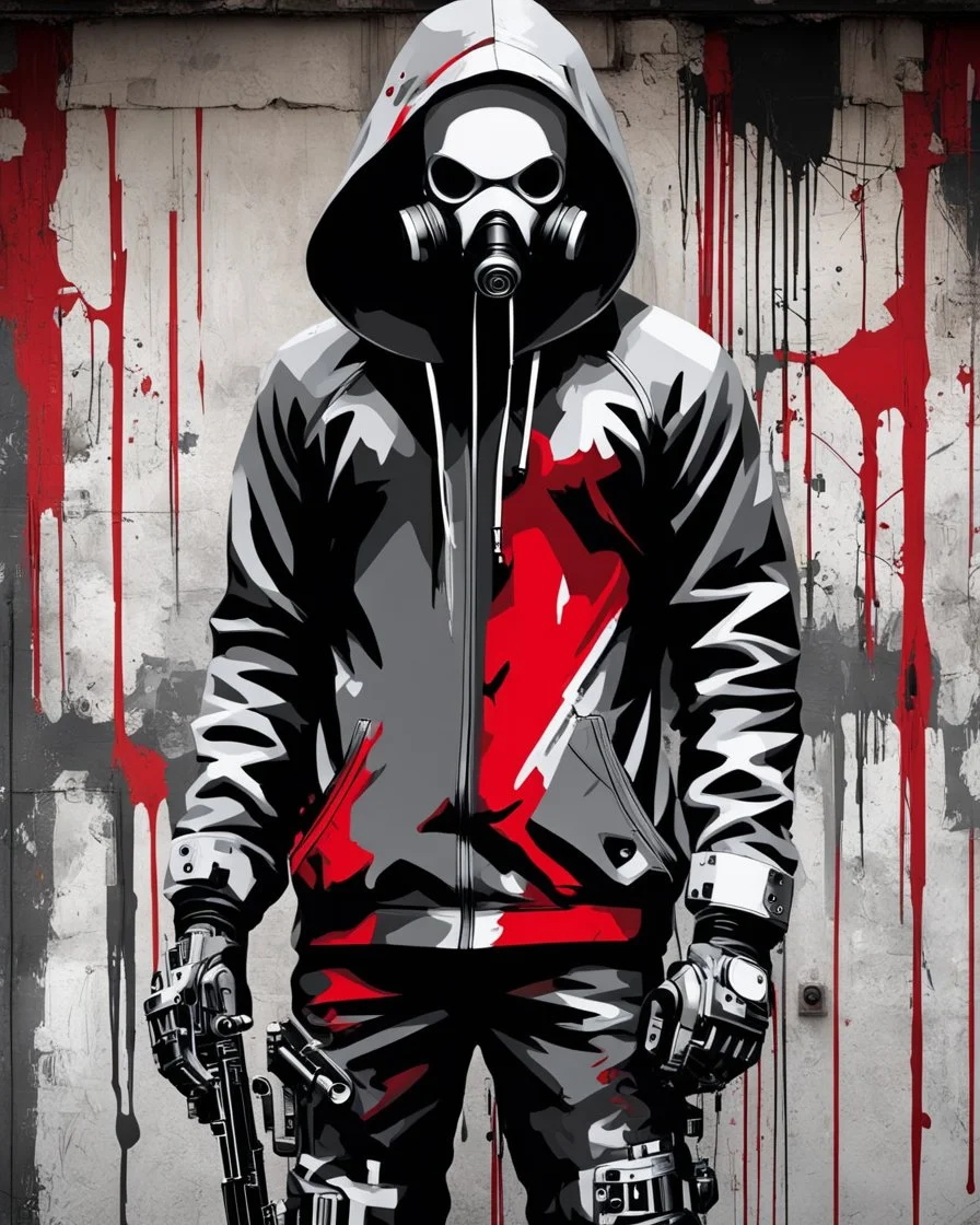 Banksy style. Grafiti. Full body. 3D. Masterpiece of a hooded and gas masked killer Cyborg, his eyes are intense. Red, white and black colors, (((full body)))