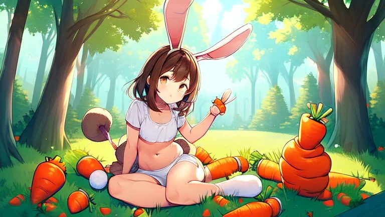 Girl, brown rabbit ears , brown rabbit tail, brown hair, open navel, forest, morning, carrot in hand, sit, rabbit hand, rabbit foot.