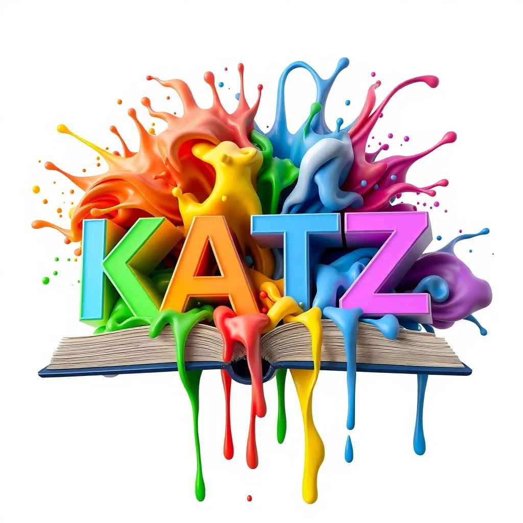 A visually stunning 3D render illustration portraying the name "KATZ" in vibrant and unique style. The name emerges from a mesmerizing library rainbow-like explosion of colors that bursts from a book. The fluid paint cascades downward in a dynamic motion, creating a captivating visual effect. The bold, sharp edges of the typography sharply contrast with the fluid paint explosion, resulting in a harmonious fusion of modern design, typography, painting, and illustration. White background.