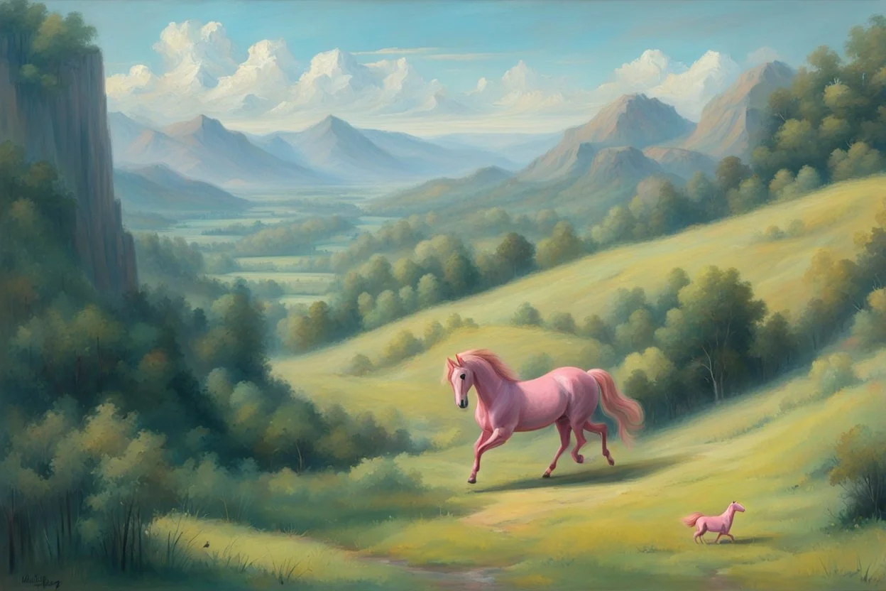 Big pink plastic toy horse.19th painting