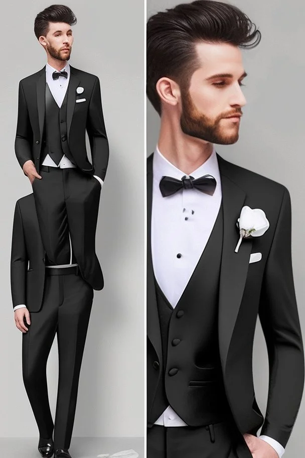 Men's wedding suit black full sleeves tight and short Photorealistic