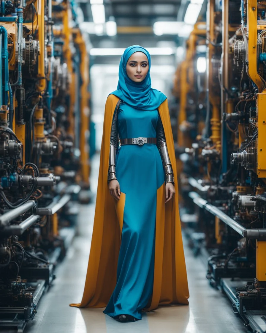 potrait cinematography colors a beautiful woman hijab as humanoid robot mechanical walking in between two rows of complex machinery with vibrant colors