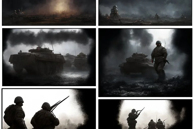Masterpiece1:5)(Fineart), (award-winning:1.5), highest quality, (ultra realism:1.5) war journalism(,(by Tim Page and Hoorst Faas:1.5))(photorealistic:1.8), (Eastern Ukraine:(panel one:the moment after a battle ends, horrors of war, wounded men),(2nd panel, cinematic shot of men sitting in trench with 1000 yard stare (focus on their eyes:1.5)),(the third panel shows troops tired but hyper alert), (the fourth panel shows the sky is filled with incessant, fire and smoke,)
