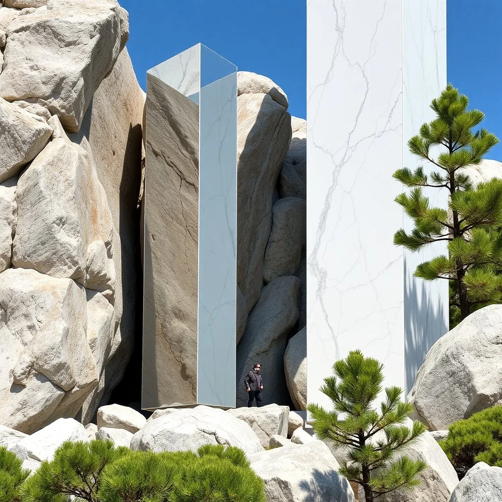 Un'immagine di un paesaggio naturale con rocce imponenti accanto a strutture artificiali verticali. Queste strutture sembrano blocchi rettangolari riflettenti, come colonne di vetro, che creano un contrasto tra il naturale e l'artificiale. Persona osserva. Marmo bianco con venature e solchi. La scena trasmette un senso di sospensione e dialogo tra elementi organici. Dettagli degli specchi e delle rocce molto accentuati. Pini marittimi