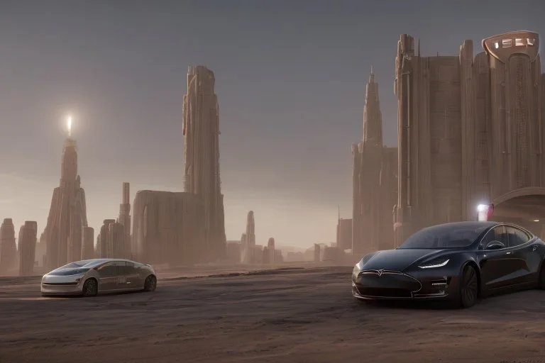 A Tesla 'Model Y' is parked, in the 'Cloud City' of Bespin. CINEMATIC. WIDE ANGLE LENS. PHOTO REAL.