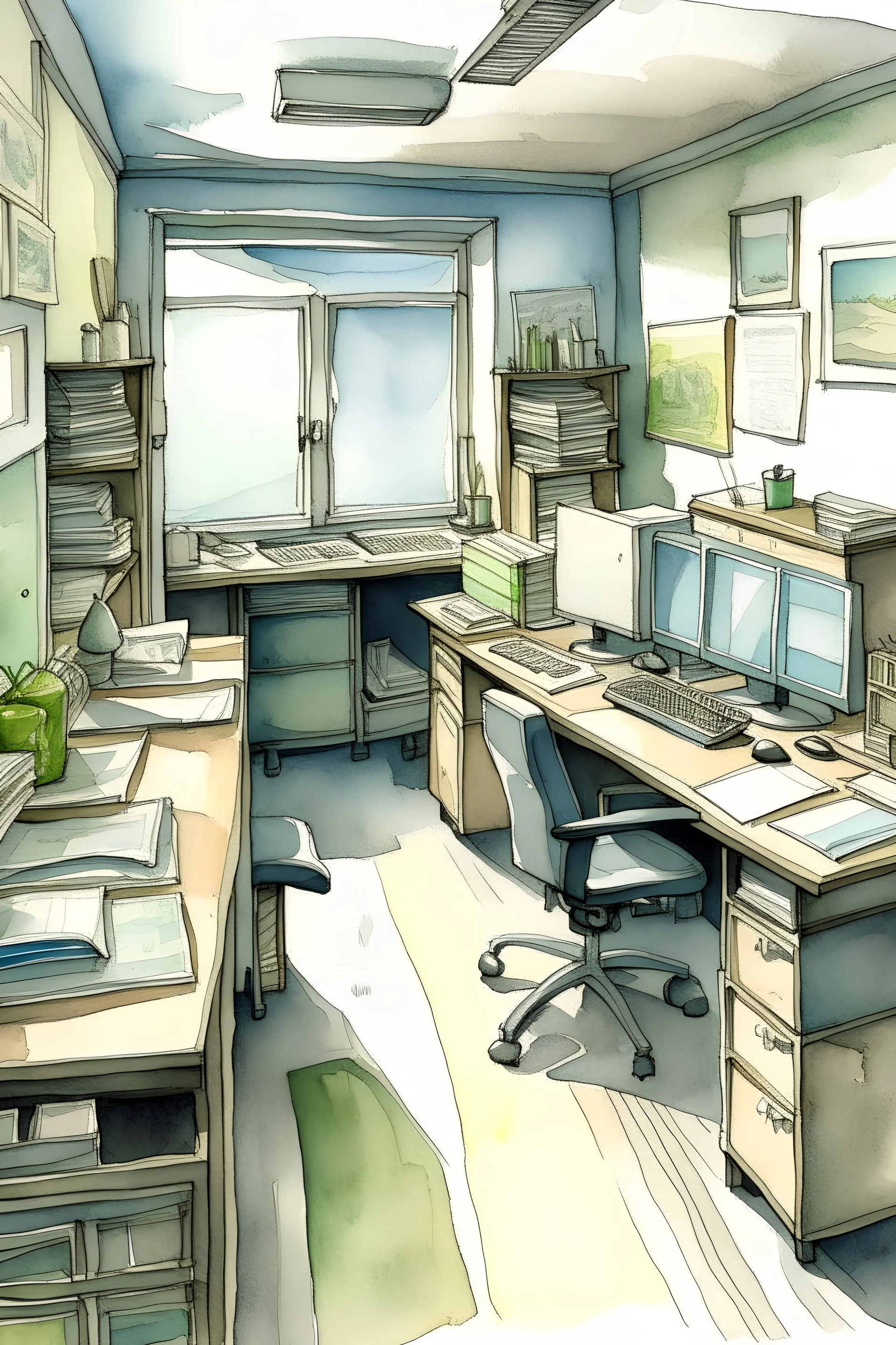 drawing of a work office water coloured paint