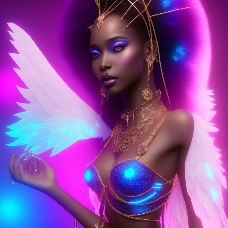 full body shot, masterpiece, best quality, black skinned, sparkling eyes, long hair, gorgeous African Fairy queen,wings,fluorescent skin,light blue makeup,synthwave, light indigo, trasparent , irridescent, highly detailed body, sun light, 4K, RAW, depth of field, high contrast, realistic details, 24mm vaporwave aesthetic, synthwave, artstation, concept art, smooth, extremely sharp detail, finely tuned detail, ultra high definition, 8 k, unreal engine 5, ultra sharp focus