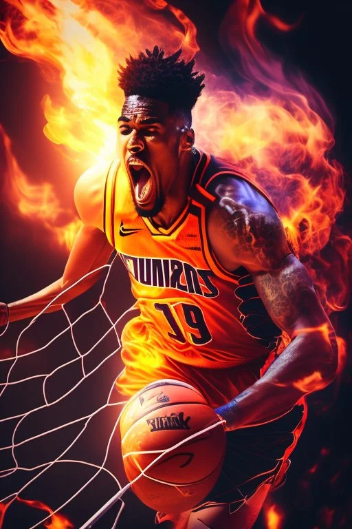 8k, highly realistic and detailed image of a NBA basketball player in action dunking the ball in the net, sweaty hair, screaming look,action and smoke and flames background