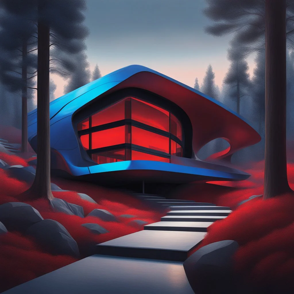 Zaha Hadid style hill cabin, trees, digital bar, hyper-detailed, red and blue colors, 8k oil painting