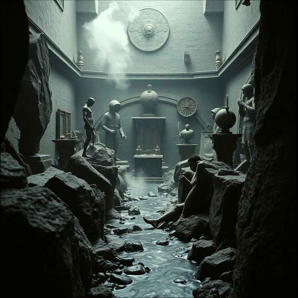photo, 1920 horror movieshot, rocks, very odd objects in background, Ades, Charon, tenebroso, macabro, marcio, interno museo, fiotti di liquido nero che zampillano, hypermaximalist, strangeness, sundial light, odd, intricate, Lawrence Alma-Tadema style, albero, hypnotic, eerily mysterious, artistic photo, shot on Hasselblad, sadness, follia, smoke, daguerrotype