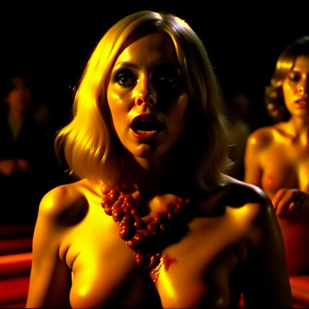 Horror movie shot, spooky, hot, ultra realistic, dine, ultra realistic hot blonde women, party, pieces of meat, organs, ail, dynamic, very excited people, she takes delight, hypermaximalist figures, light, 1970's Italian horror movie, sinister,, Dario Argento, Stanley Kubrik, ornate, 4k, photorealism