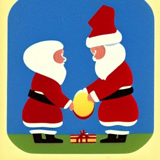 Creepy folk people eating eggshell with alien santa