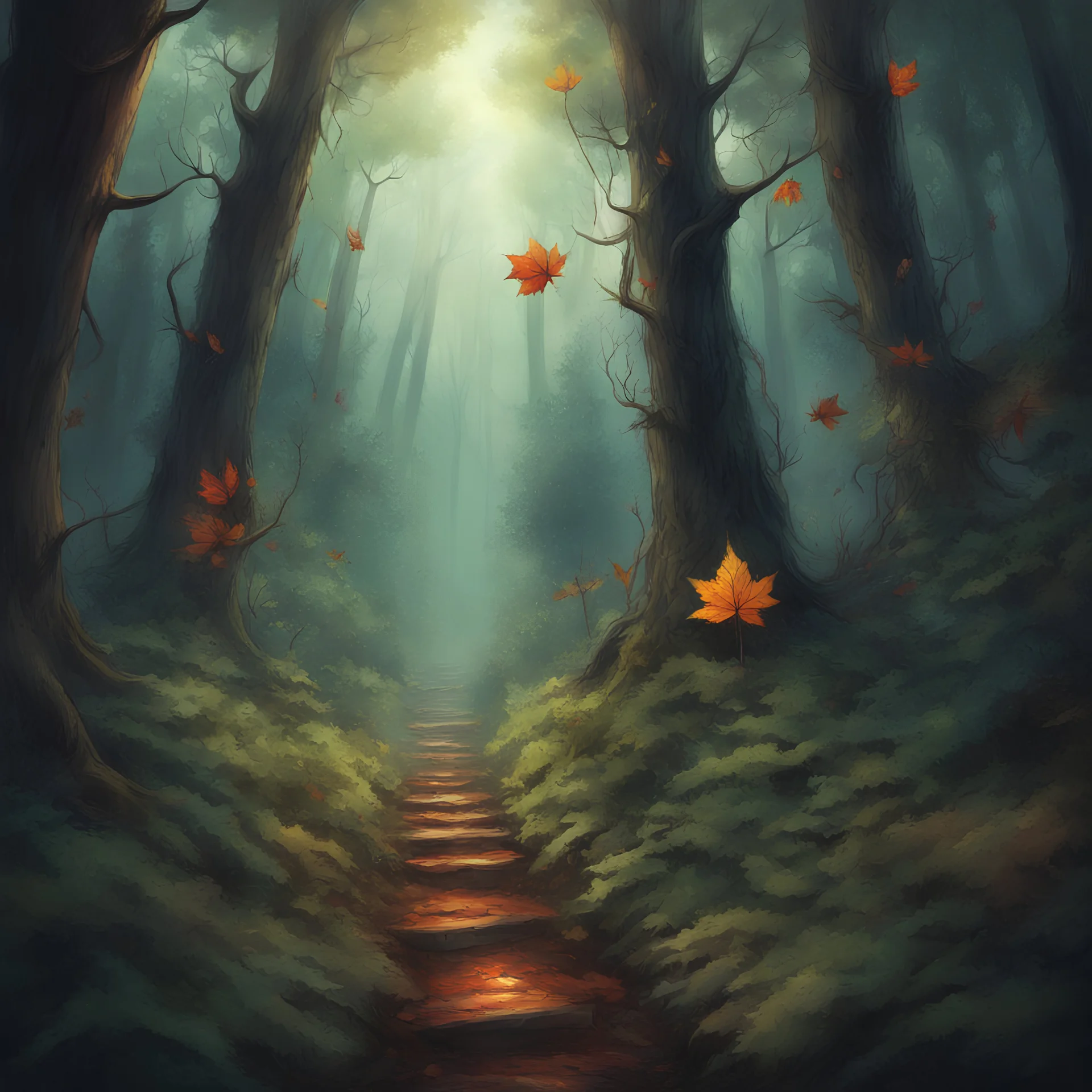 Up, up, up goes the forest's energy. There, that ought to do it. The leaves wouldn't stop rustling until I came here... What a pain. Slap on some medicinal herbs next time because I won't be coming to your rescue again... Hehe in day of the dead light and space art style