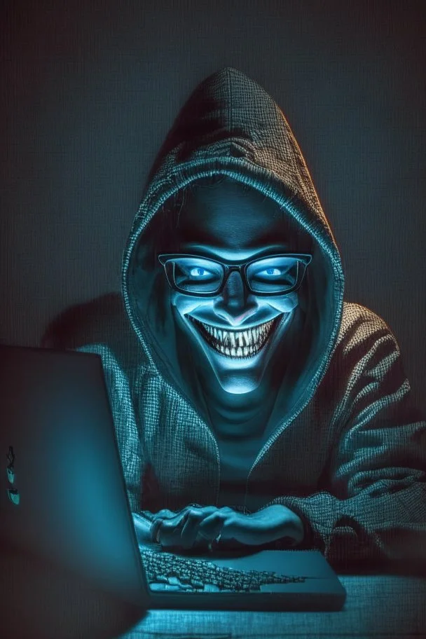 or how about: hacker in the dark with glasses using computer with evil smile