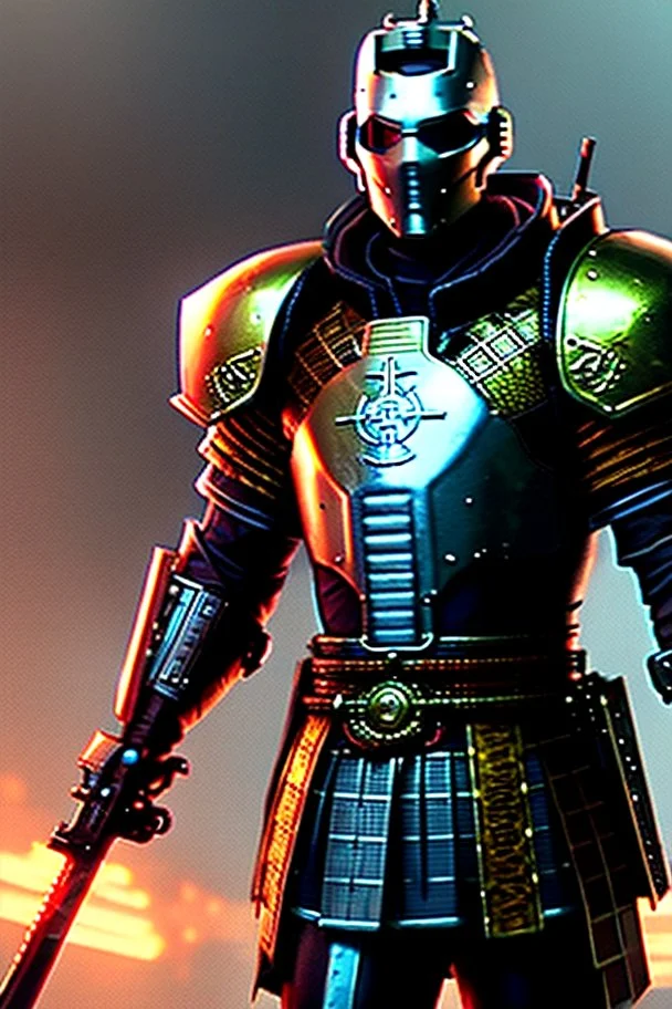 Fully armored cyberpunk samurai, photorealistic