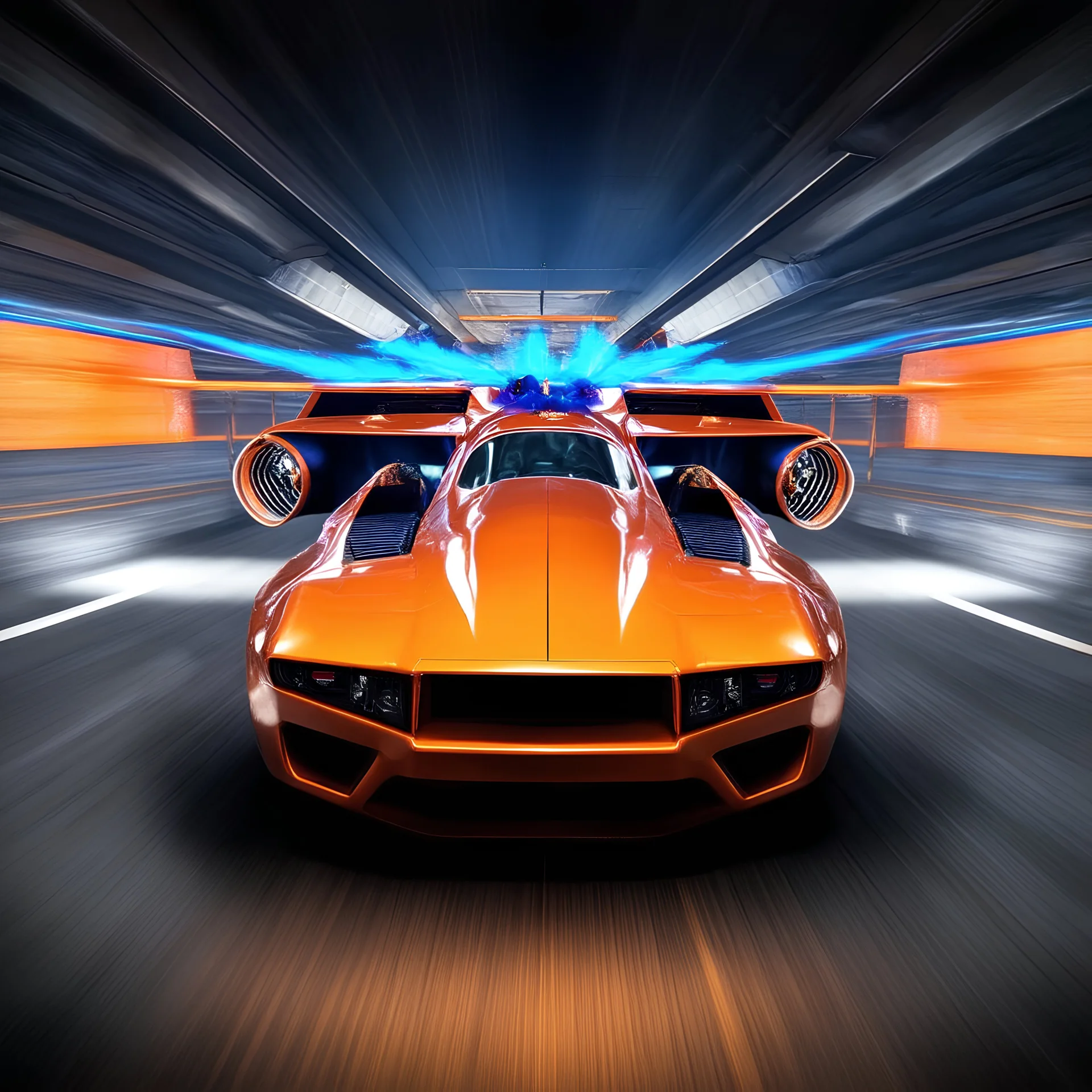 award winning car and driver photograph of a futuristic station wagon fighter-jet genetic-splice designed by only one vehicle per image painted metallic orange traveling at a high rate of speed, jet intake off of front center of vehicle and jet exhaust out the rear with bright blue flame, bilaterally symetrical, more a high speed road vehicle