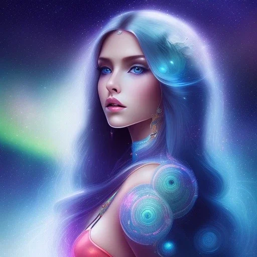 beautiful woman with long hair look the stars and northern aurora blue turquoise lights, blue, pink,