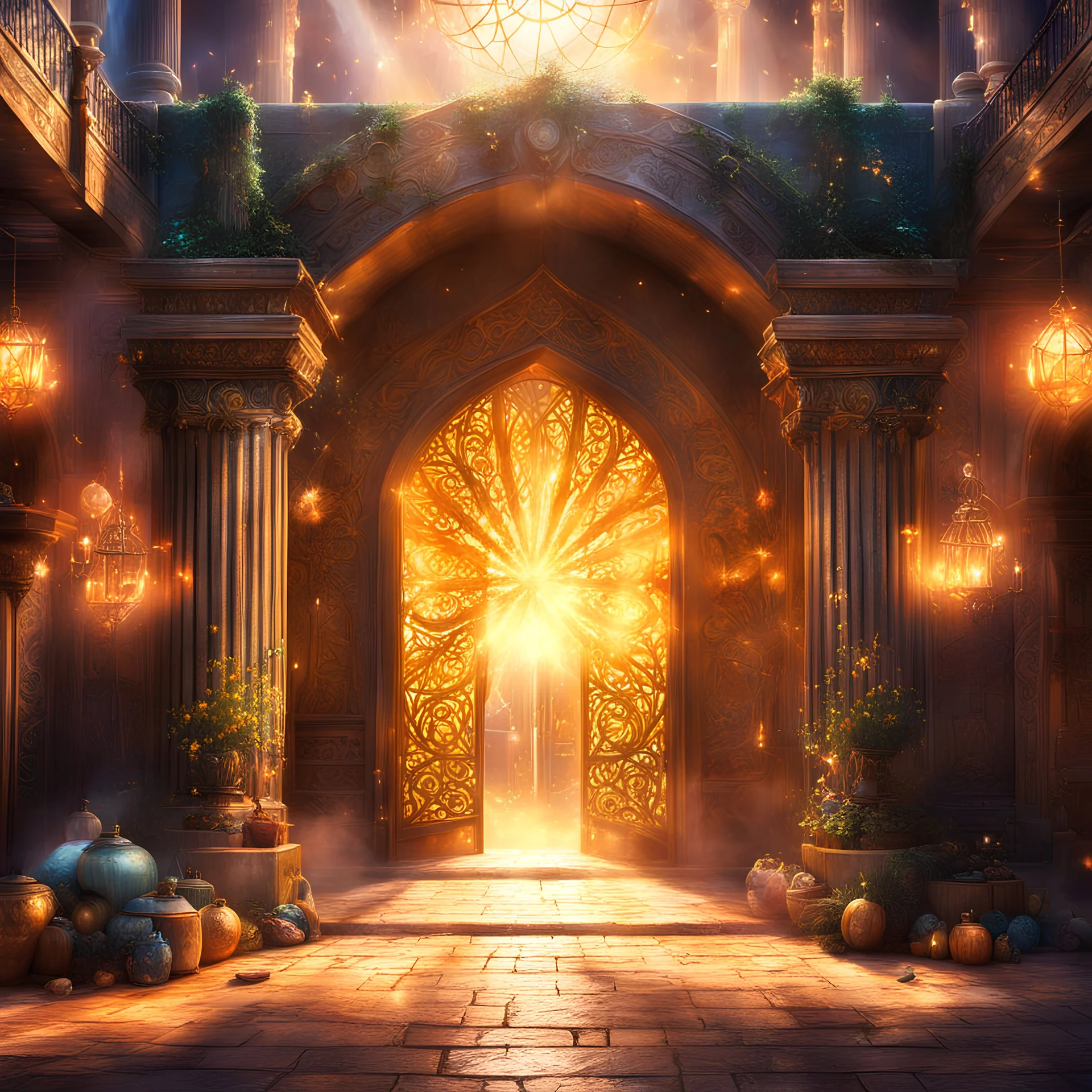 The entrance portal to a magic market with magic light rays and smoke and sparks. Epic. Dramatic, highly detailed, digital painting, masterpiece