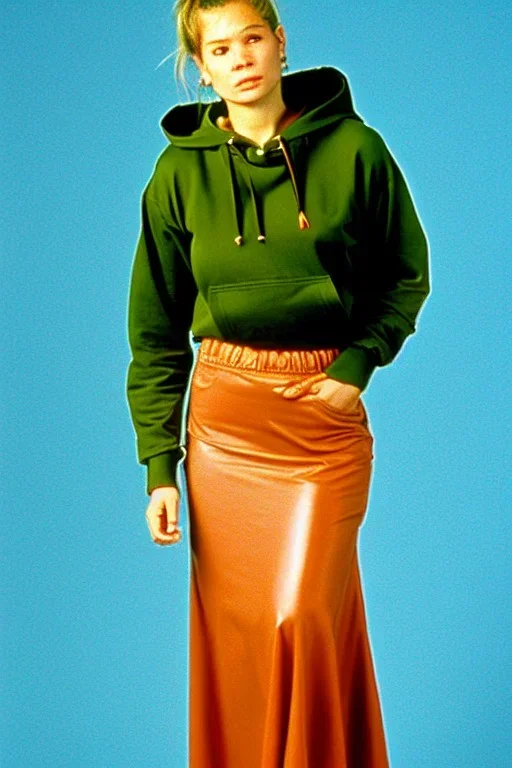 year 1996 fashion. Straight skirt, low waist. Combat hoodie with tippet. Colors: denim blue, blue, purple, cream, khaki, "pastel green", lilac, plum, orange, terracotta, red, light yellow, pink, dark blue, beige. Latex in small part. Sturnus vulgaris pattern prints.. bridget jones and jennifer lopez. Hoodie.