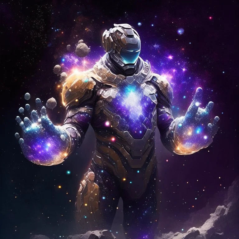 A battle suit made of galaxies and stars with a glove that has seven endless stones,A god-like man with infinite power who owns the galaxies