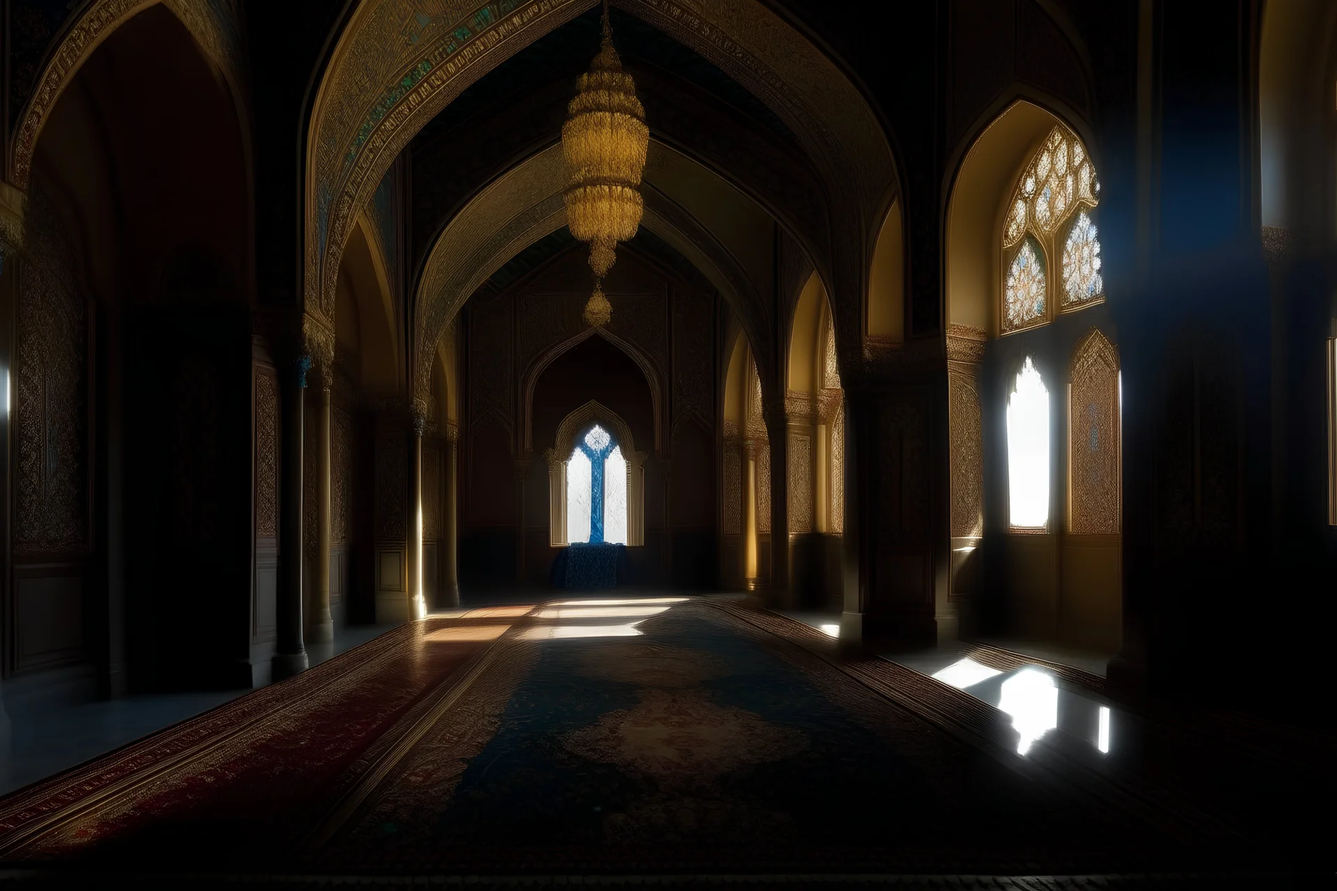 charismas day in Iran, Ali Qapustyle of architecture in Isfahan, interior, hall of mirror work, winter, light ray comes in, interior, persian carpet