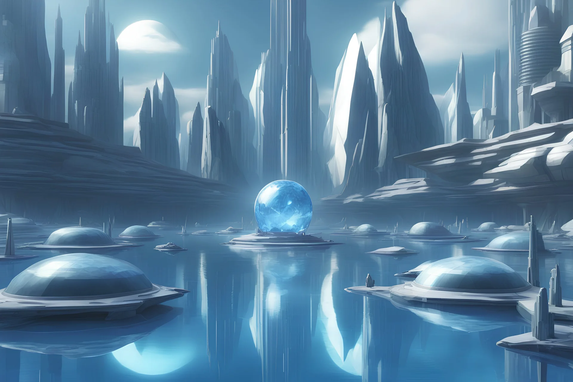 ville extraterrestre futuriste, great white and blue facette cristal dome, vaisseaux spatiaux, small lac, 4k, hyperréaliste