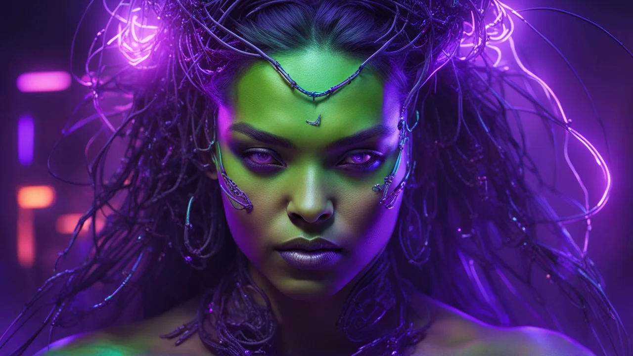 realistic portrait of miss hulk A radiant and ethereal cyberpunk girl shrouded in vibrant veils, her form intertwined with luminescent crabs composed of violet light and smoky purple hues. She is adorned with futuristic neon wires and intricate cyberpunk jewelry, her translucent layers billowing in an unseen breeze, casting a surreal, dynamic glow against the backdrop of a gritty, neon-lit metropolis.