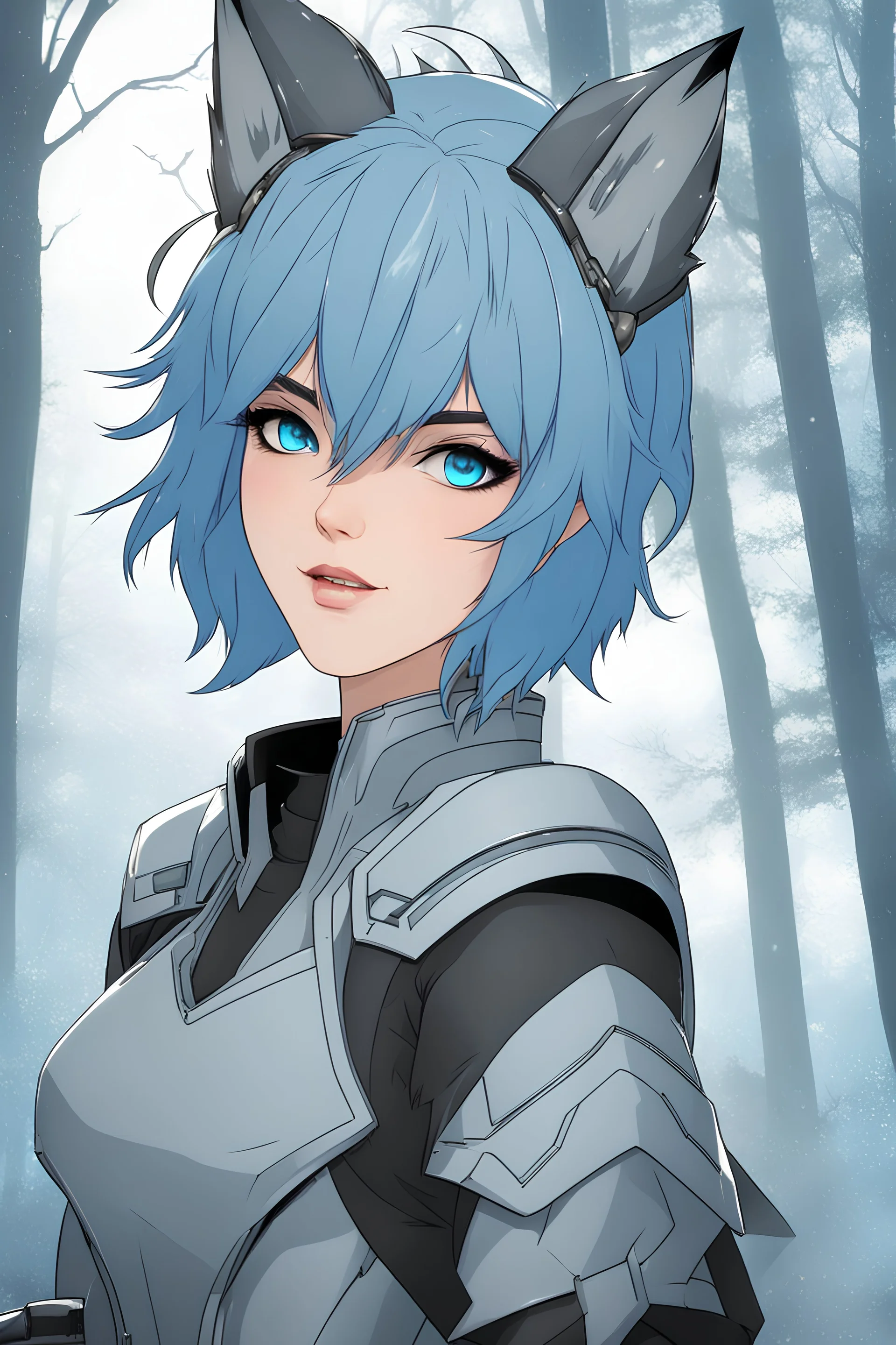 Young woman with short blue hair, wolf ears, vivid blue eyes. futuristic silver blue armor, smirking, fangs, woodland background, RWBY animation style