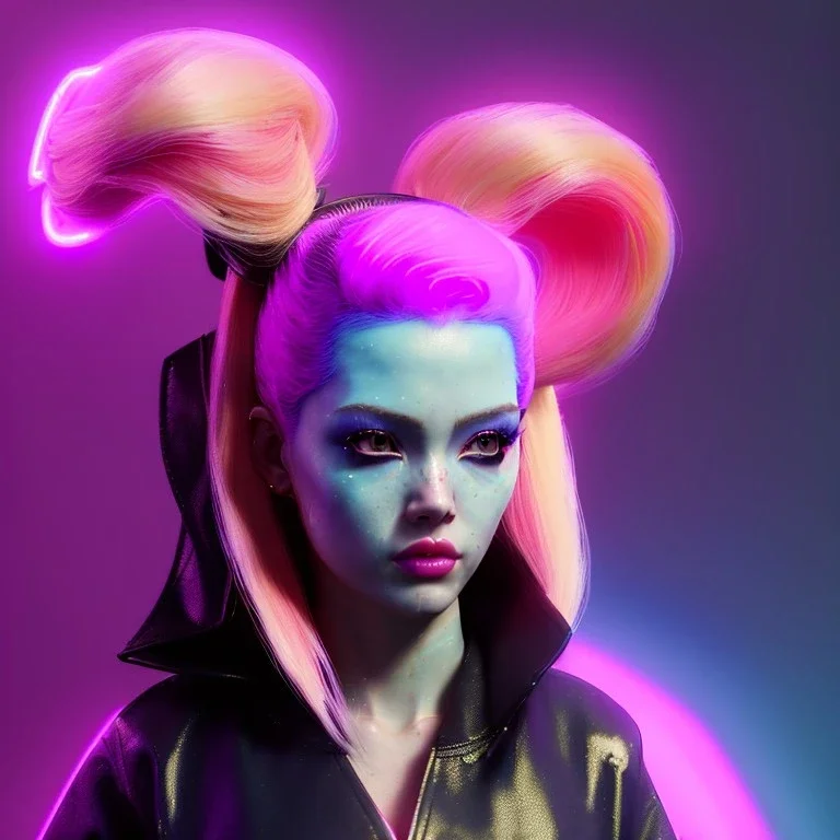 Pretty cyber woman, yellow hair, sci-fi, sweet face, black, natural, pink, geisha style, symmetric plane, neon style, a lot of led lights, fog, rain, leather coat, vibrant color, highly detailed, art stations, concept art, smooth, unreal engine 5, god rays, ray tracing, RTX, lumen lighting, ultra detail, volumetric lighting, 3d, finely drawn, high definition, high resolution.